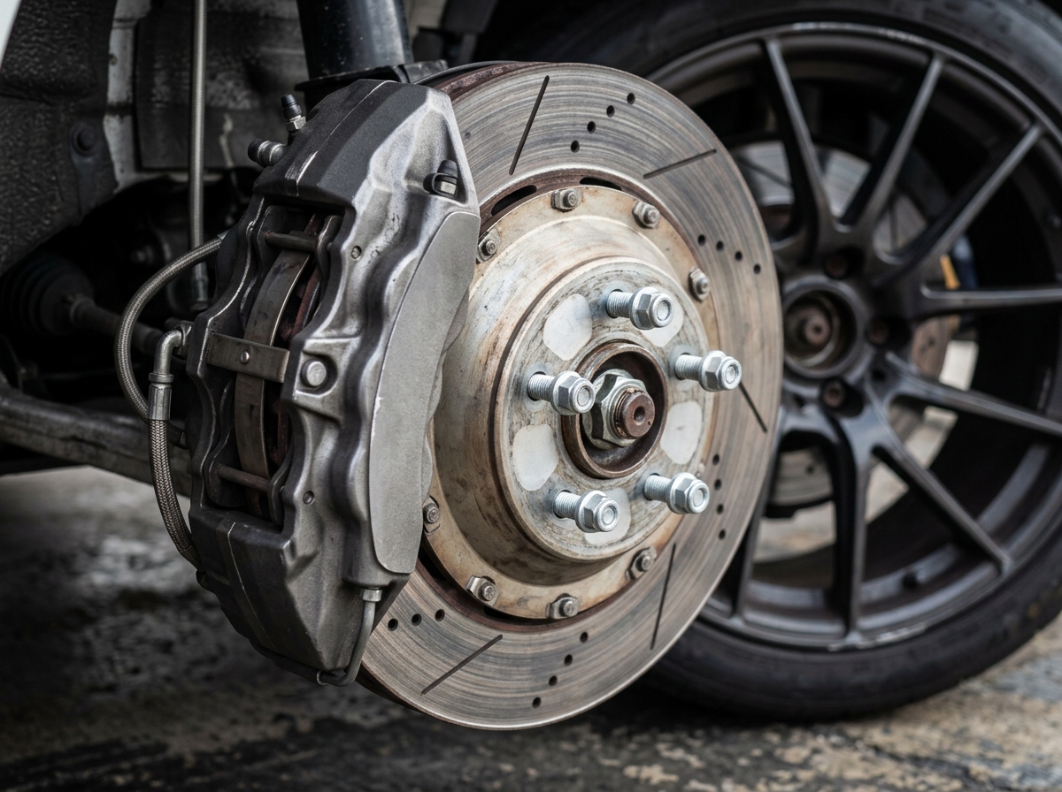 Close up of high performance brake caliper and rotor