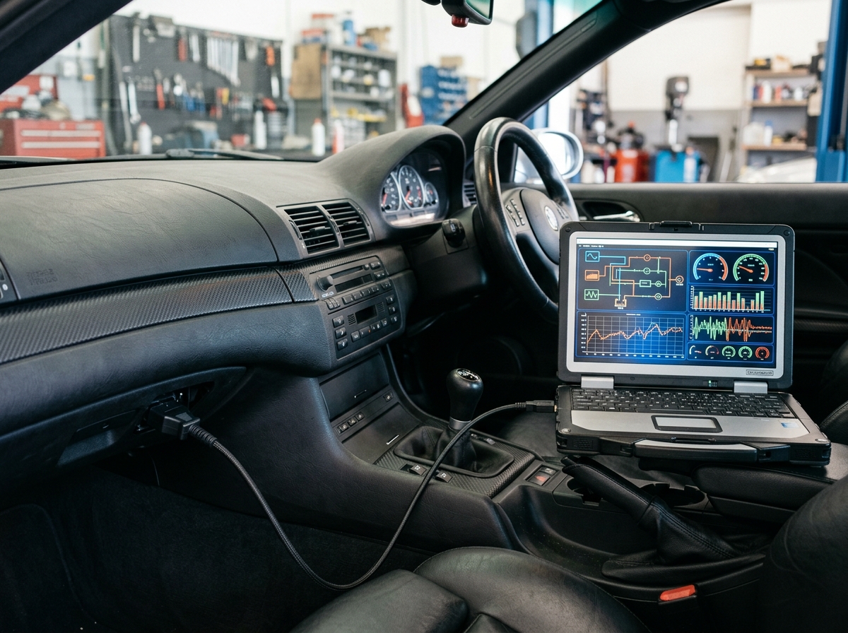 Diagnostic laptop connected to car dashboard