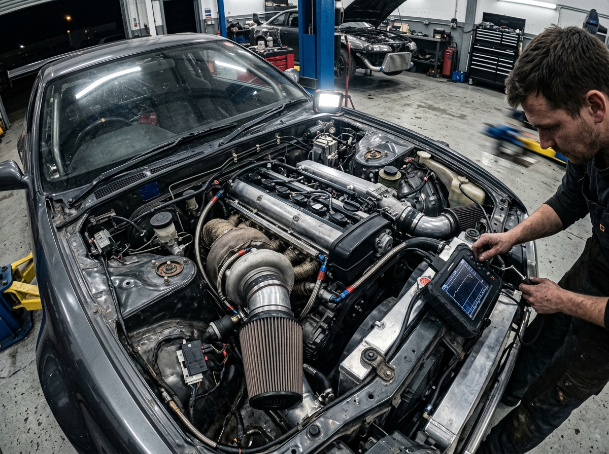 Engine bay of a high performance sports car during tuning