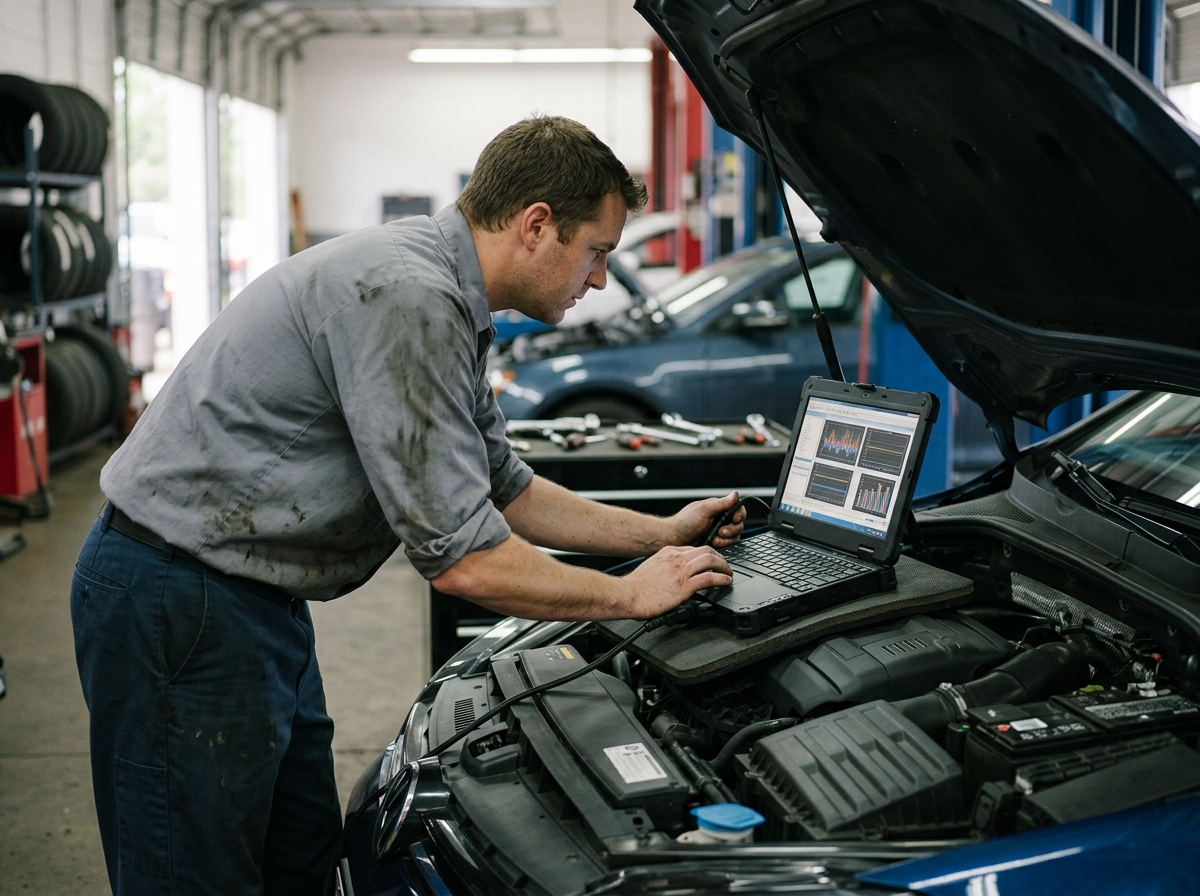 Mechanic diagnosing vehicle using laptop software