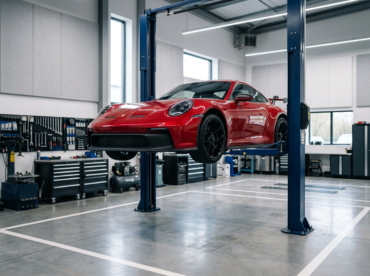 Sports car on a lift in a pristine modern garage